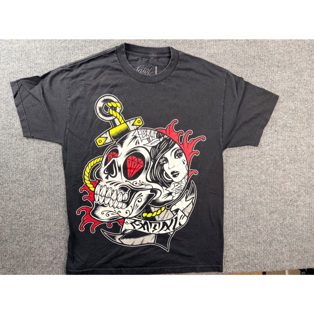 Fatal Clothing Mens Large Black Graphic Tee Skull Anchor Tattoo Streetwear Shirt